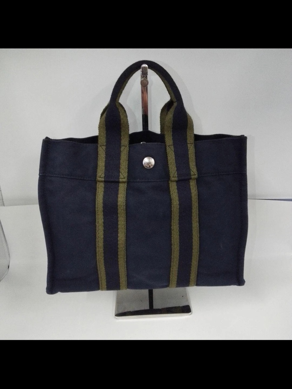 Hermes Navy Canvas Tote with Olive Striped Handles